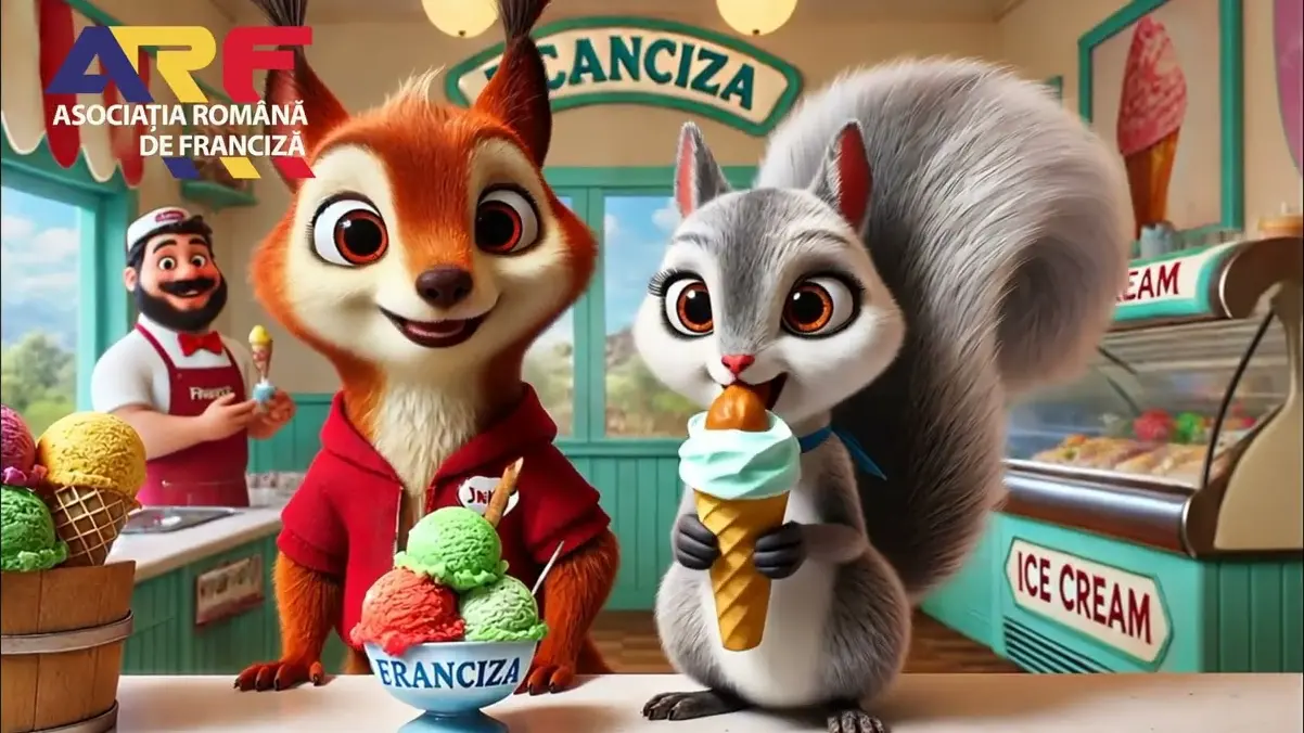 Două veverițe într-o gelaterie cu inscripția „Franciza”, una cu o cupă de înghețată și cealaltă cu un cornet.