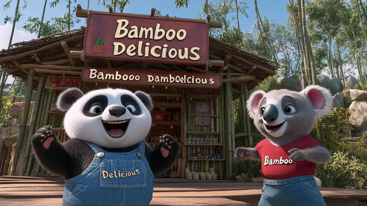 Un panda și un koala, veseli, în fața unui chioșc din bambus numit „Bamboo Delicious”.