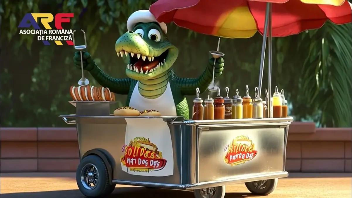 Un crocodil cu bonetă și șorț la un cărucior stradal cu hot dog, sub o umbrelă colorată.