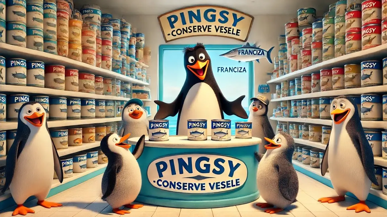 Un pinguin la tejgheaua magazinului „Pingsy – Conserve vesele”, înconjurat de alți pinguini și de rafturi cu conserve.