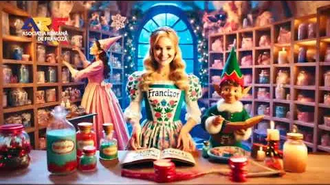 O tânără cu un șorț pe care scrie „Francizor” și un spiriduș, într-un magazin plin de borcane colorate.