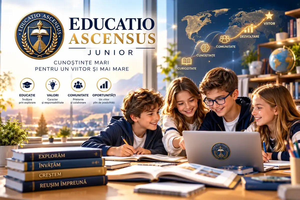 Ilustrație EDUCATIO ASCENSUS Junior cu emblema educațională și patru copii care învață împreună, folosind cărți și un laptop.
